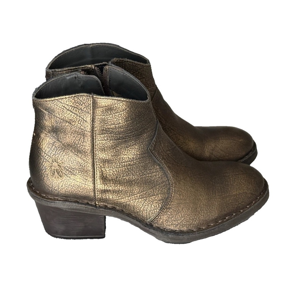 Fly London Ankle Boots Gold Bronze Block Heel Zip Up Booties Womens EU 37 US 6.5